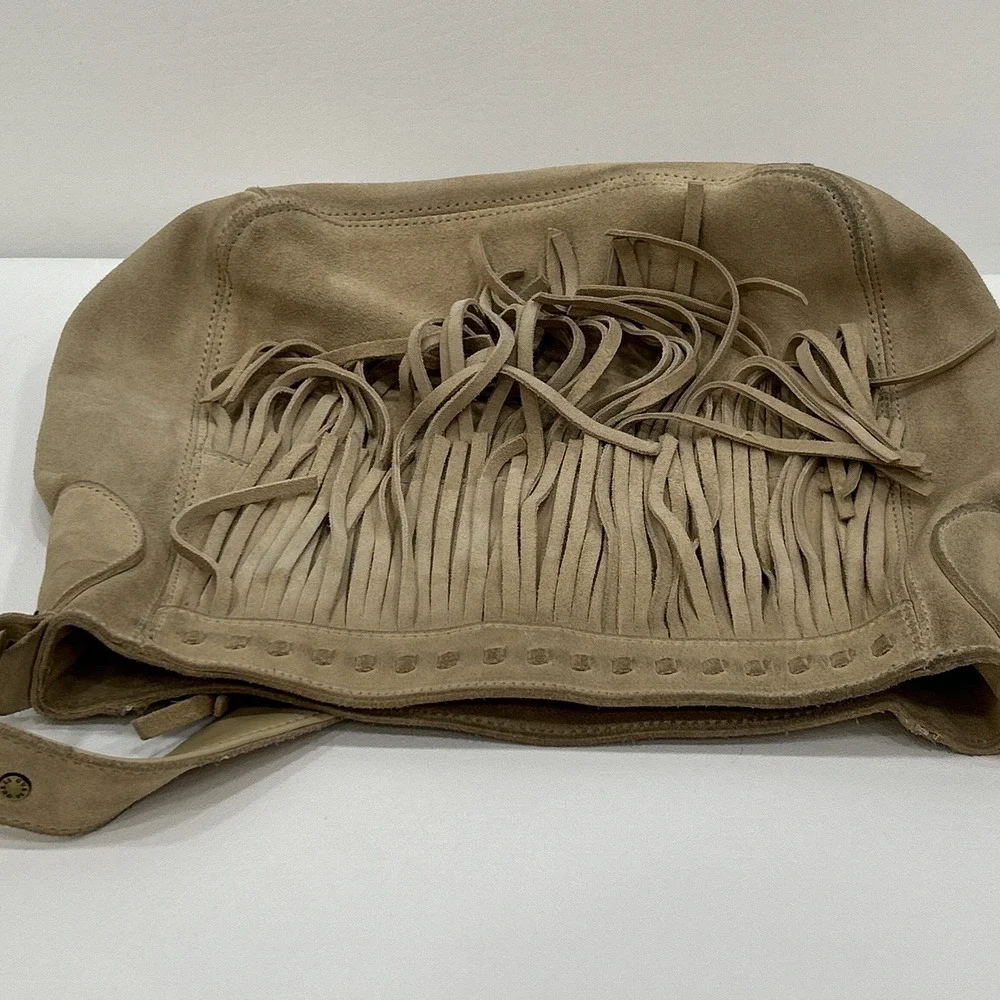 Guess Leather Suede Beige Tan Y2K‎ Hobo Shoulder Fringe Top Zip HandBag Purse